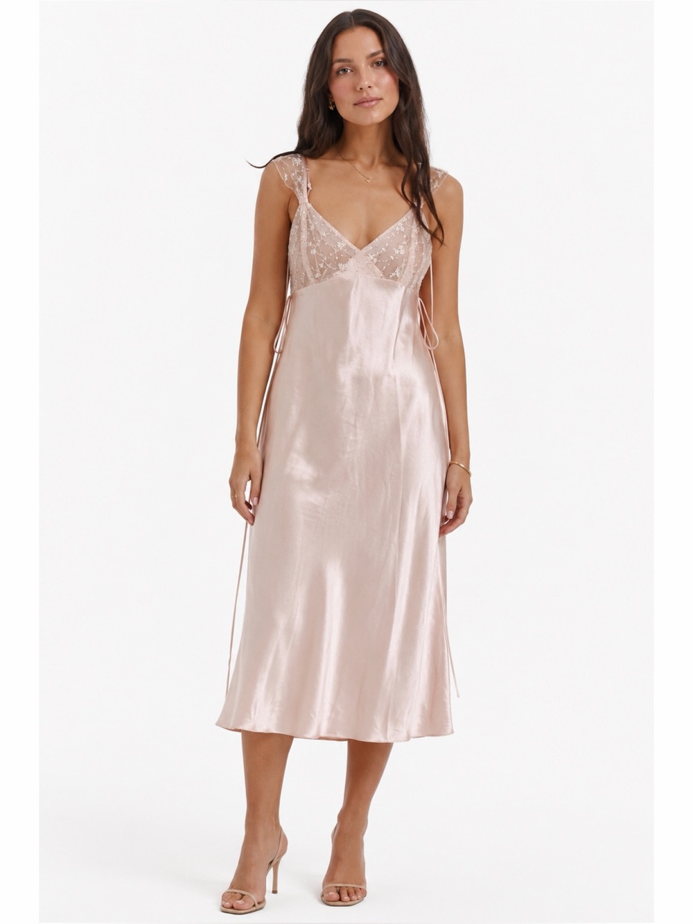 Delicates Blush Satin Lace Embroidered Shimmer Flutter Sleeve Slip Dress
